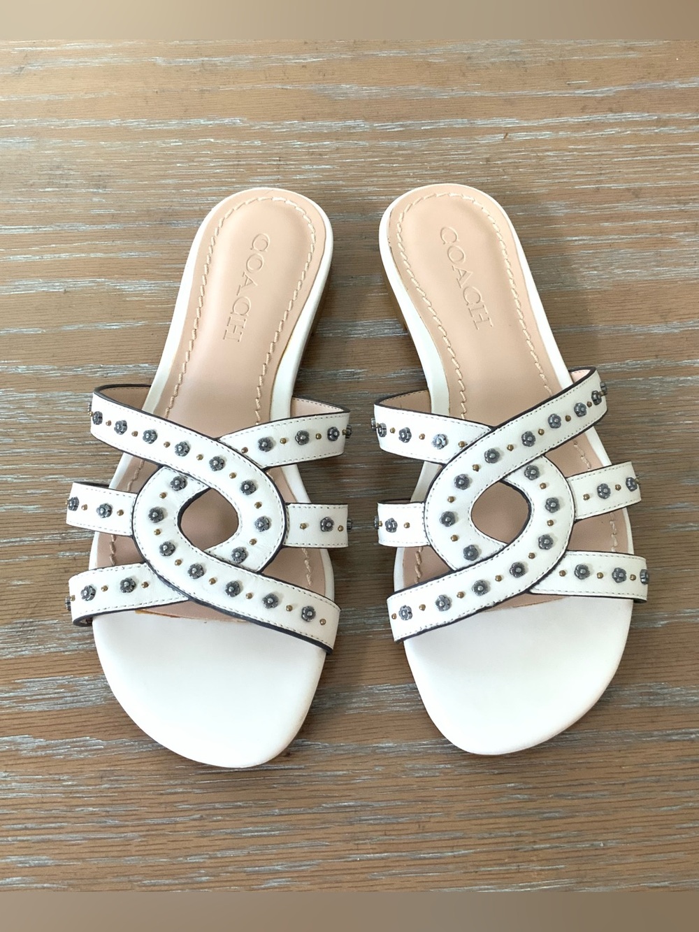 Coach Leather Studded Kenedy Ivory Flat Slip On Sandals US 7.5